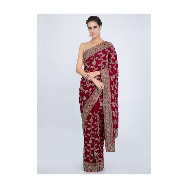 Red Saree In Georgette With Heavy Embroidered Buttis And Border Online - Kalki Fashion