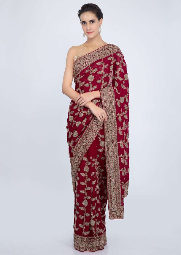 Red Saree In Georgette With Heavy Embroidered Buttis And Border Online - Kalki Fashion