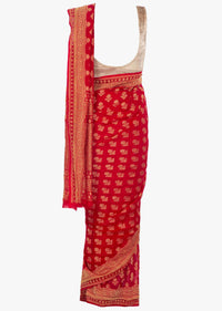 Red georgette saree in weaved floral butti and border