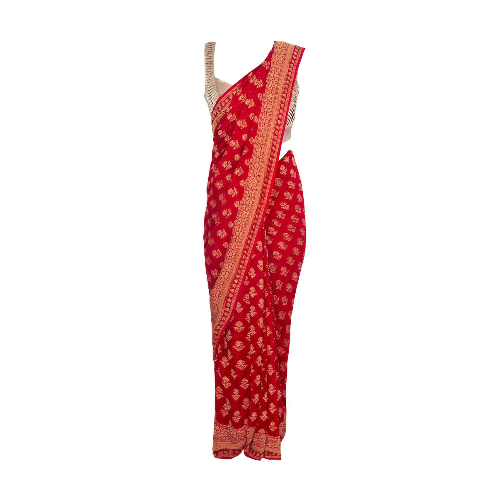 Red georgette saree in weaved floral butti and border