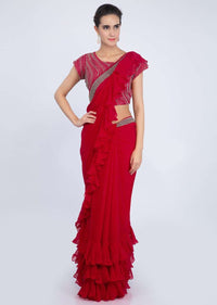 Red Georgette Saree With Ruffled Hem And Pallu Online - Kalki Fashion