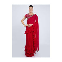 Red Georgette Saree With Ruffled Hem And Pallu Online - Kalki Fashion