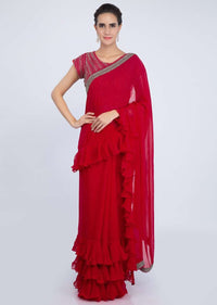 Red Georgette Saree With Ruffled Hem And Pallu Online - Kalki Fashion