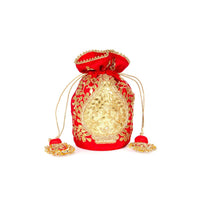 Red gotta patch potli bag in flower pot motif kalki