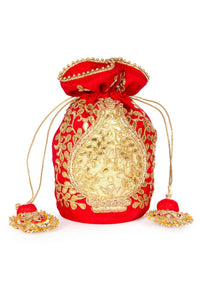 Red gotta patch potli bag in flower pot motif kalki