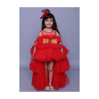 Red Gown In Net With High Low Ruffle Layers And Golden Bow On The Waist Online - Kalki Fashion