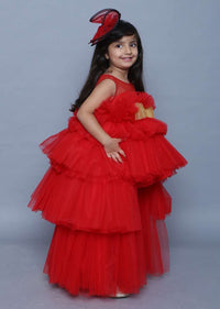 Red Gown In Net With High Low Ruffle Layers And Golden Bow On The Waist Online - Kalki Fashion