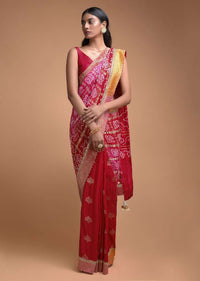 Red Half And Half Saree In Silk With Weaved Floral Buttis And Bandhani Print Online - Kalki Fashion