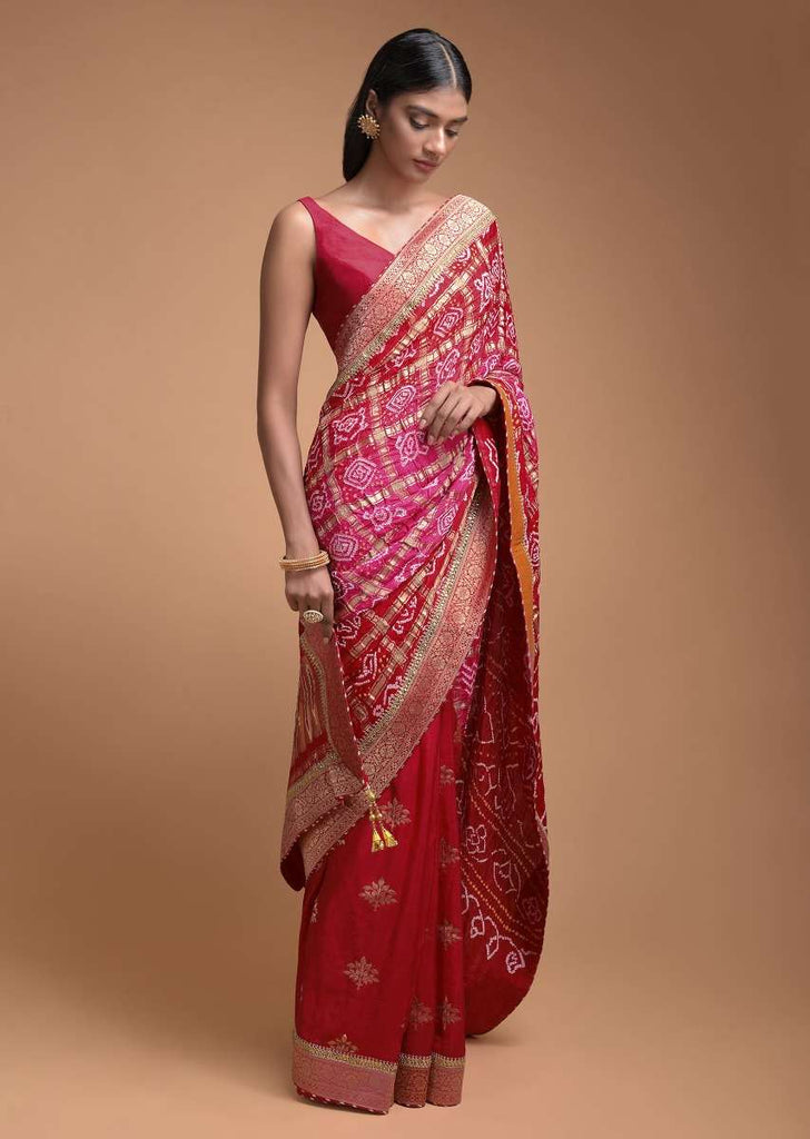 Red Half And Half Saree In Silk With Weaved Floral Buttis And Bandhani Print Online - Kalki Fashion