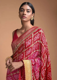 Red Half And Half Saree In Silk With Weaved Floral Buttis And Bandhani Print Online - Kalki Fashion