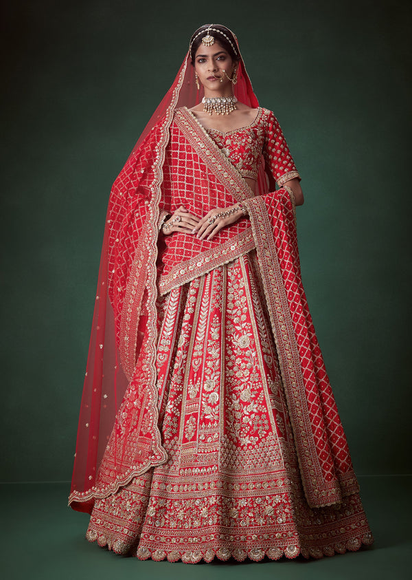 Red Heavy Zari Embellished Bridal Lehenga Set