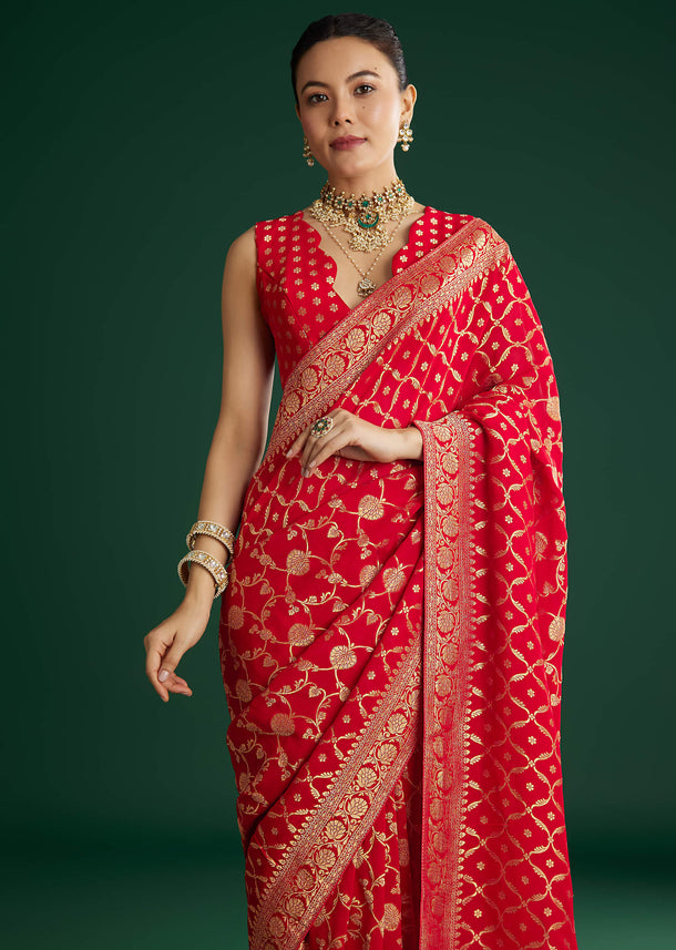 Red Jaal Work Saree With Floral Border And Pallu