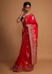 Red khaddi silk saree with weaved butti  and border in floral and paisley motif Online - Kalki Fashion