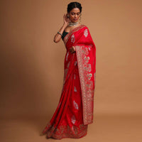 Red khaddi silk saree with weaved butti  and border in floral and paisley motif Online - Kalki Fashion