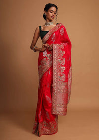 Red khaddi silk saree with weaved butti  and border in floral and paisley motif Online - Kalki Fashion