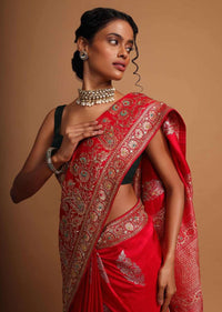 Red khaddi silk saree with weaved butti  and border in floral and paisley motif Online - Kalki Fashion