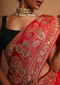 Red khaddi silk saree with weaved butti  and border in floral and paisley motif Online - Kalki Fashion