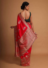 Red khaddi silk saree with weaved butti  and border in floral and paisley motif Online - Kalki Fashion