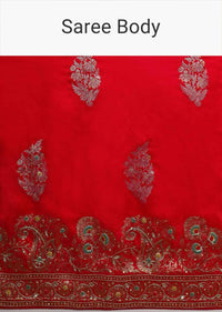 Red khaddi silk saree with weaved butti  and border in floral and paisley motif Online - Kalki Fashion