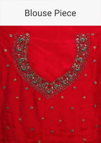 Red khaddi silk saree with weaved butti  and border in floral and paisley motif Online - Kalki Fashion