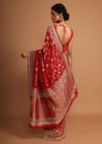 Red khaddi silk saree with weaved floral jaal work Online - Kalki Fashion