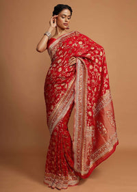 Red khaddi silk saree with weaved floral jaal work Online - Kalki Fashion