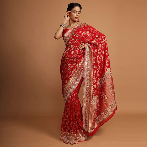 Red khaddi silk saree with weaved floral jaal work Online - Kalki Fashion