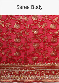 Red khaddi silk saree with weaved floral jaal work Online - Kalki Fashion