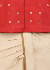 Kalki Boys Red Kurta And White Dhoti Set In Silk With Zari Embroidered Buttis By Tiber Taber