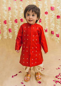 Kalki Boys Red Kurta And White Dhoti Set In Silk With Zari Embroidered Buttis By Tiber Taber