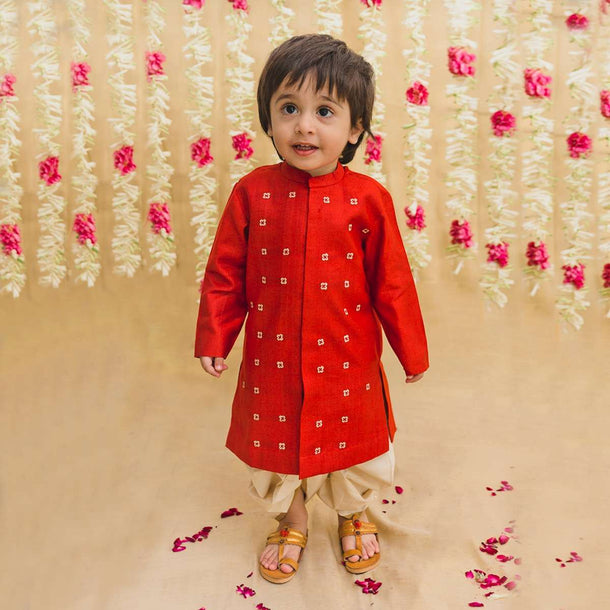 Kalki Boys Red Kurta And White Dhoti Set In Silk With Zari Embroidered Buttis By Tiber Taber