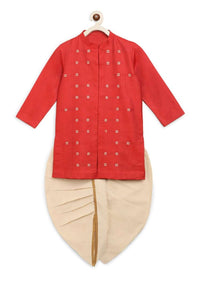 Kalki Boys Red Kurta And White Dhoti Set In Silk With Zari Embroidered Buttis By Tiber Taber