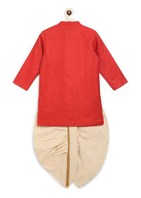 Kalki Boys Red Kurta And White Dhoti Set In Silk With Zari Embroidered Buttis By Tiber Taber