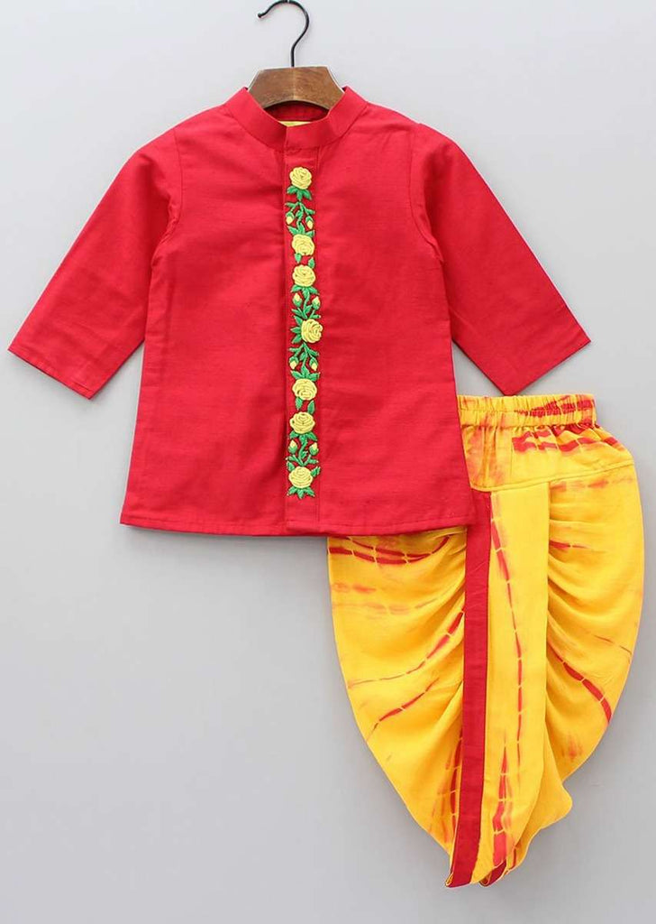 Red Kurta In Cotton With Rose Motif Embroidery Matched With Dhoti Pants Online - Kalki Fashion