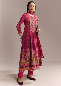 Red Ombre Crepe Printed Anarkali Suit With Embroidery And Tassels