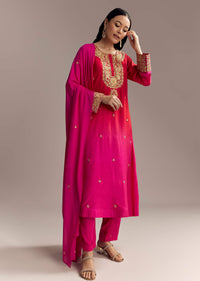 Red Ombre Silk Anarkali Suit With Zari Work