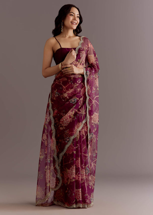 Red Organza Saree With Floral Print And Hand Embellished Border