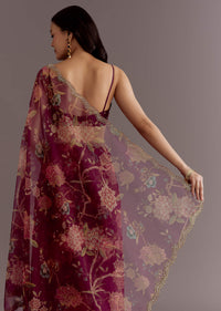 Red Organza Saree With Floral Print And Hand Embellished Border