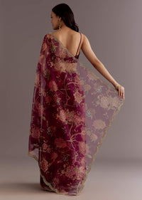 Red Organza Saree With Floral Print And Hand Embellished Border