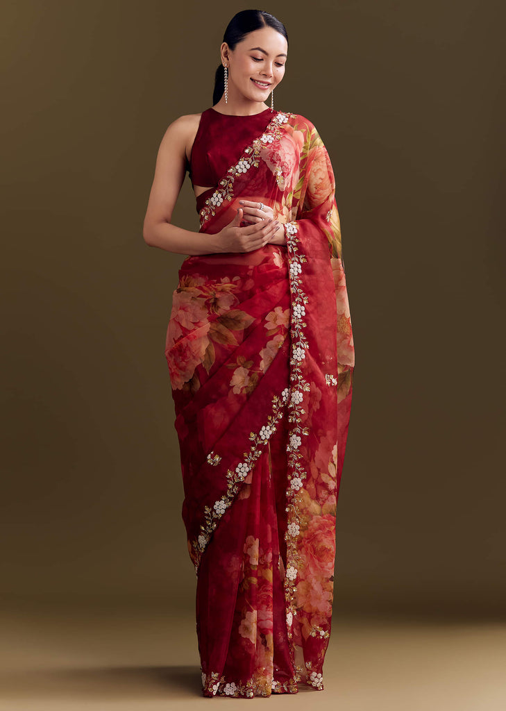 Red Organza Saree With Florals And Cutdana Border