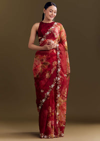 Red Organza Saree With Florals And Cutdana Border