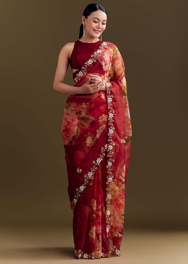 Red Organza Saree With Florals And Cutdana Border