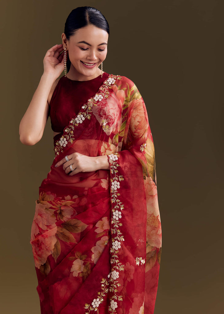 Red Organza Saree With Florals And Cutdana Border