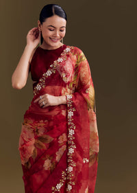 Red Organza Saree With Florals And Cutdana Border