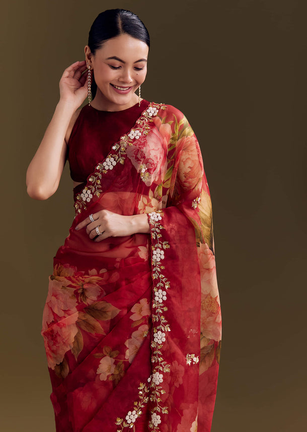 Red Organza Saree With Florals And Cutdana Border