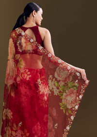 Red Organza Saree With Florals And Cutdana Border