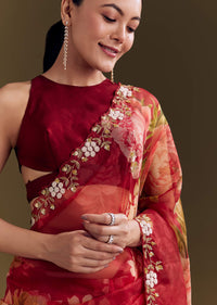 Red Organza Saree With Florals And Cutdana Border