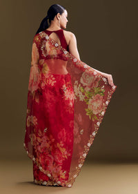 Red Organza Saree With Florals And Cutdana Border