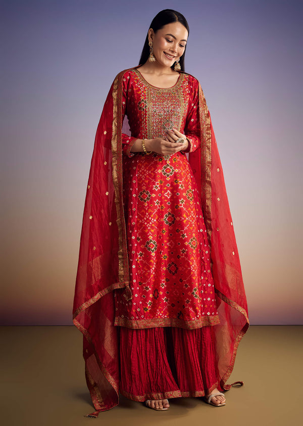 Red Patola And Bandhani Print Kurta Set With Banarasi Dupatta