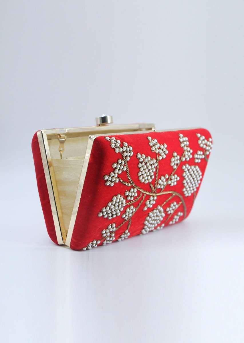 Red pearl beaded hand embroidered clutch